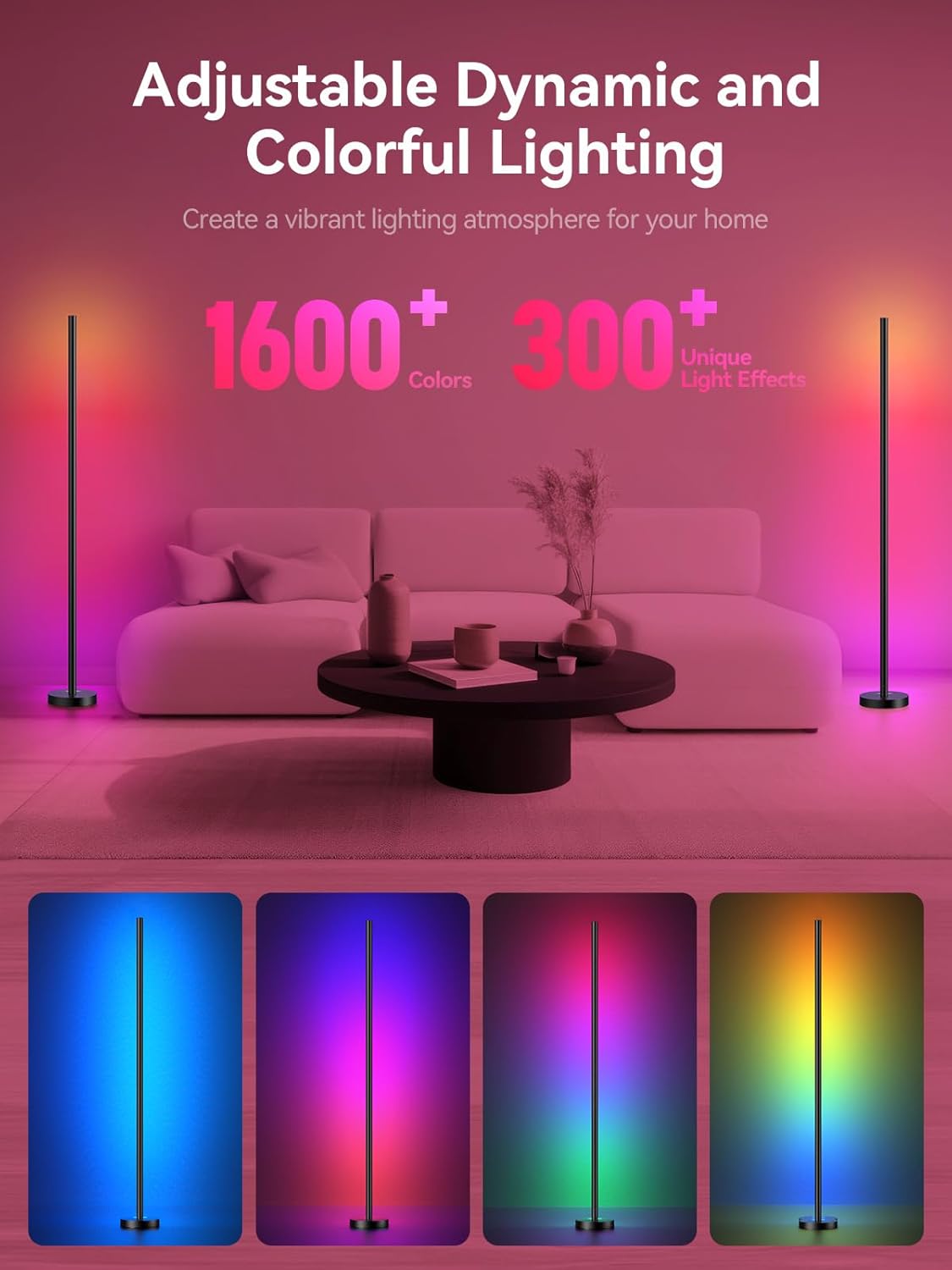 Smart RGBICW LED Corner Floor Lamp 2 Pack - 16 Million DIY Colors, 68+ Scenes, Music Sync, App & Remote Control, Color-Changing Ambient Lighting for Living Rooms, Bedrooms, and Gaming Rooms