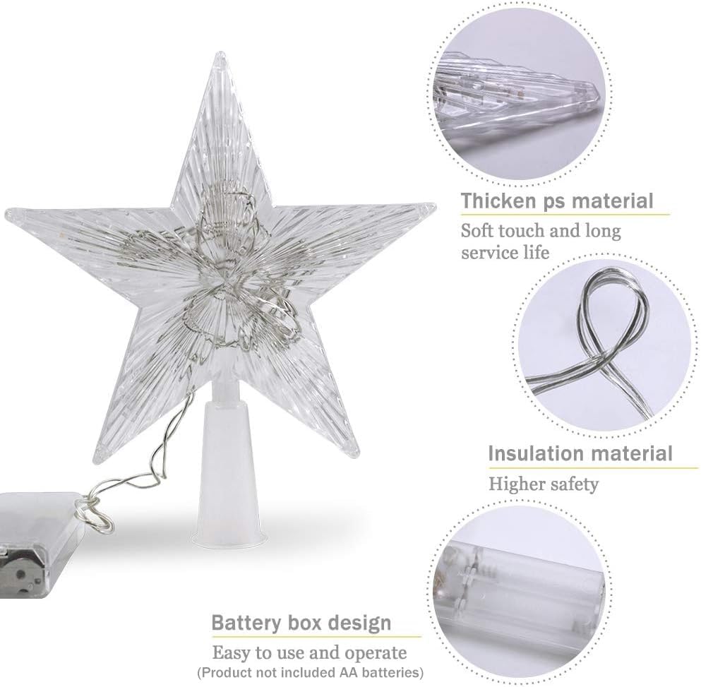 Small Christmas Tree Topper Star with LED Lighted 6" Star Treetop Rustic Holiday Tree Toppers Battery Powered for Indoor Xmas Ornaments Party Home Decoration Warm White