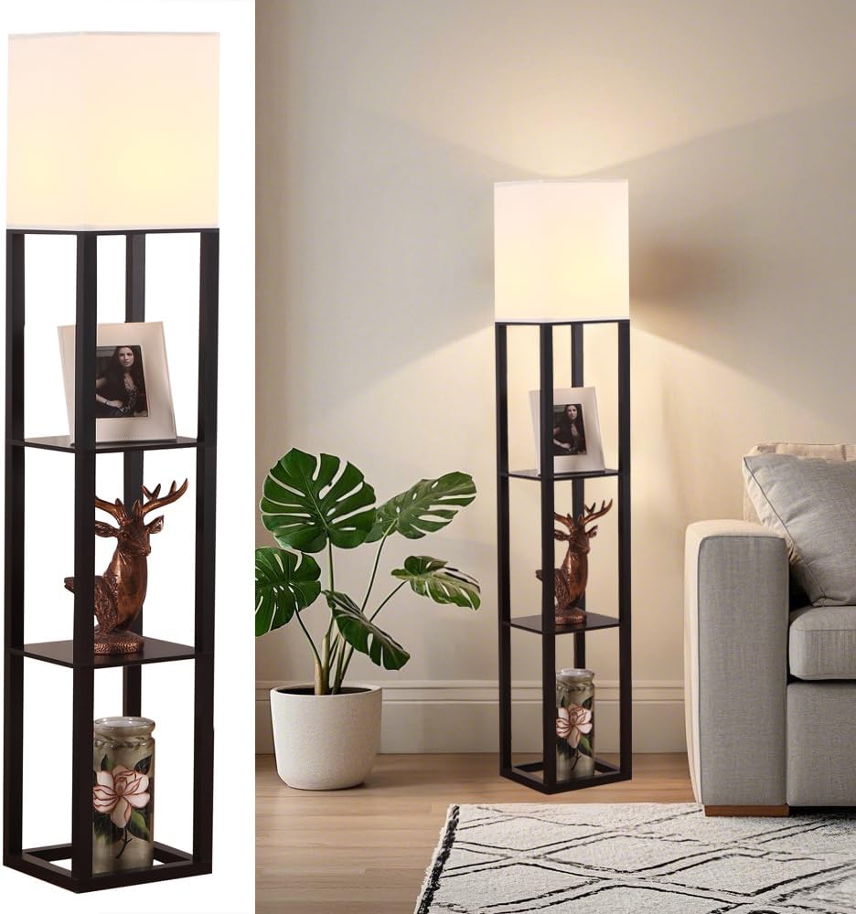 HomeFocus - Floor Lamp with Shelves,Shelf Floor Lamp with LED Bulb,Bookshelf Corner Display Lamp for Living Room,Bedroom and Office,White Linen Shade,Rustic Wood,Black