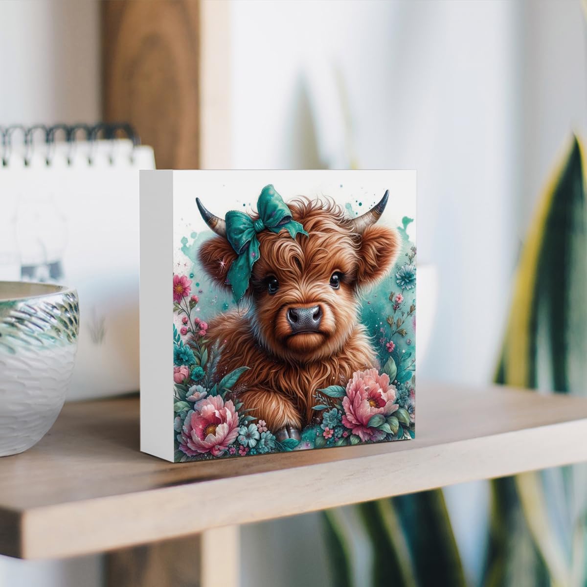 Highland Cow Decor, Highland Cow Gifts for women, Highland Cow Baby Decor, Cow With Pink Bow, Highland Cow Nursery Decor, Wooden Box Decor Sign for Home Farmhouse Office Living Room Table Shelf