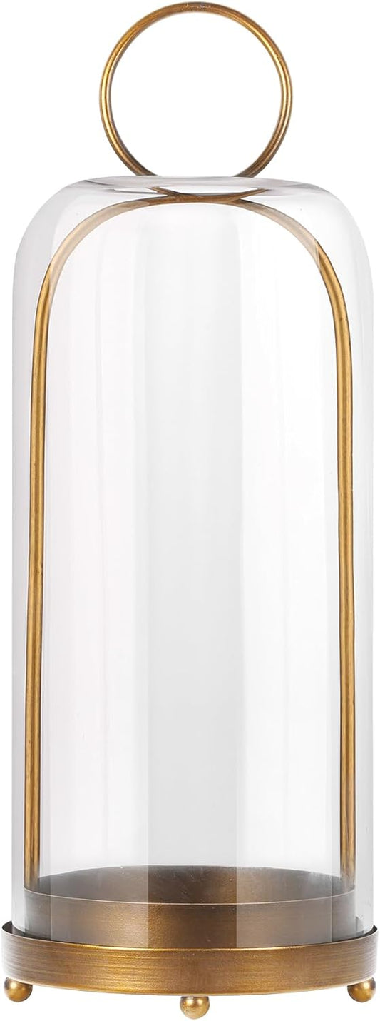 20" High Versatile Modern Metal Hurricane Lantern with Handmade Sturdy Glass Dome for Pillar Candle & Plants (Brass, 7.5"x20")