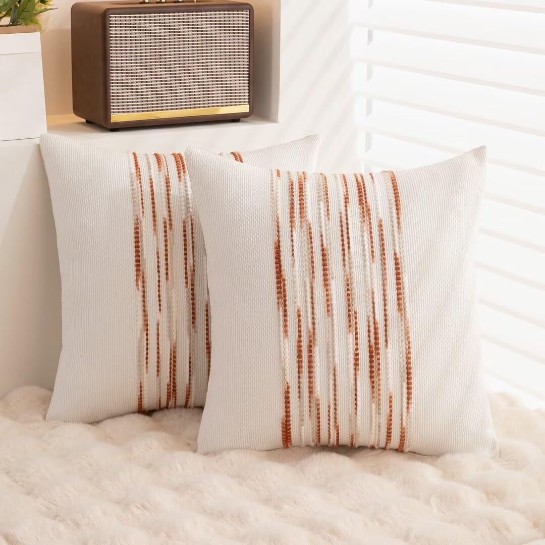 Boho Throw Pillow Covers 18x18 Set of 2 Christmas Decorative Cushion Case Striped Square Pillows Cover Chenille Pillow Cases Accent Neutral Pillowcase for Sofa Couch Bed,White Wine-red