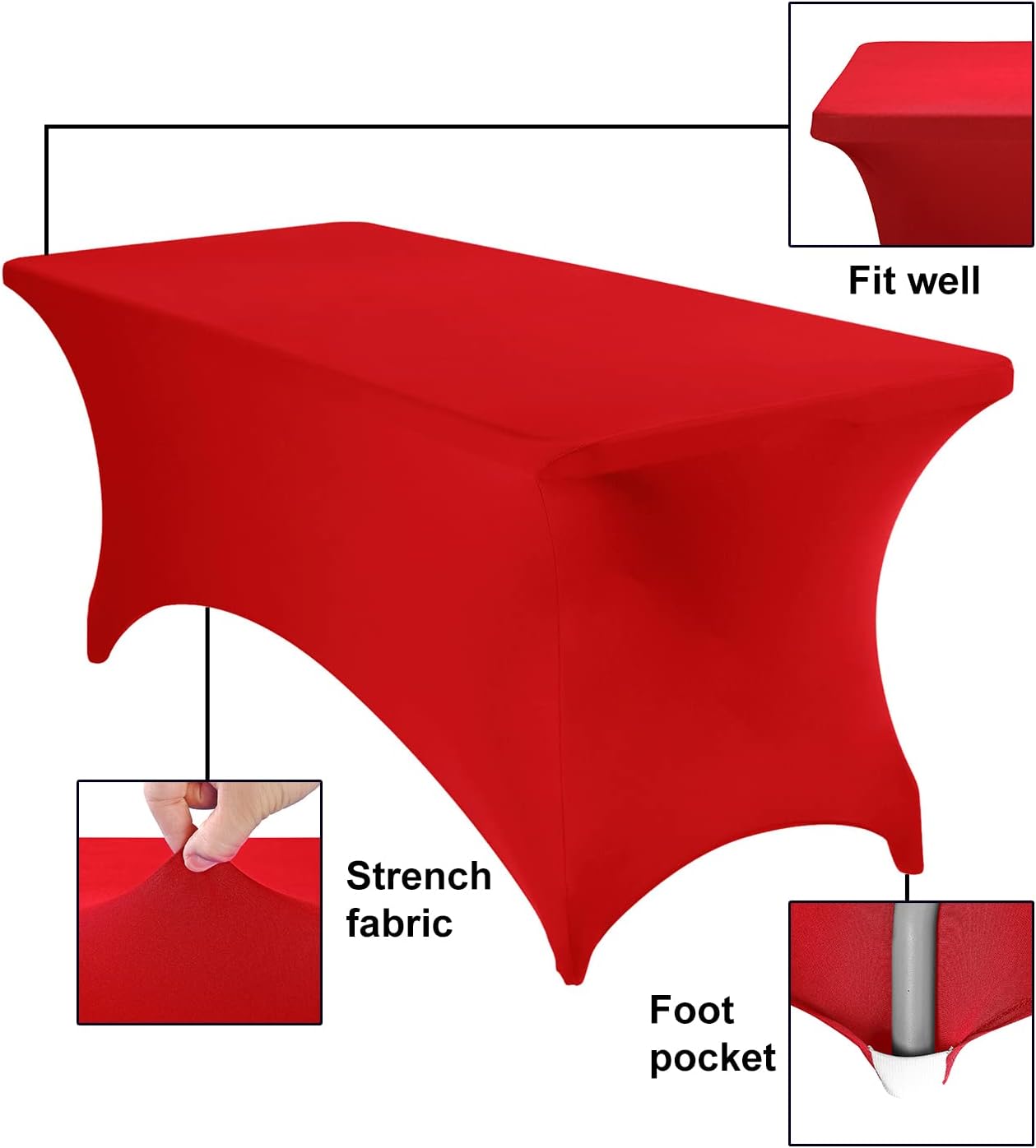 2Pack Spandex Waterproof Table Covers 6ft，Spandex 6ft Waterproof Table Cover for Party,Wedding, Banquet, and Events(Red)