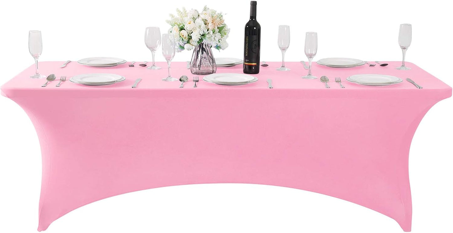 SuperO Waterproof Spandex Table Cover for 6FT Table Universal Fitted Stretch Tablecloth for Party, Banquet, Wedding and Events-Pink