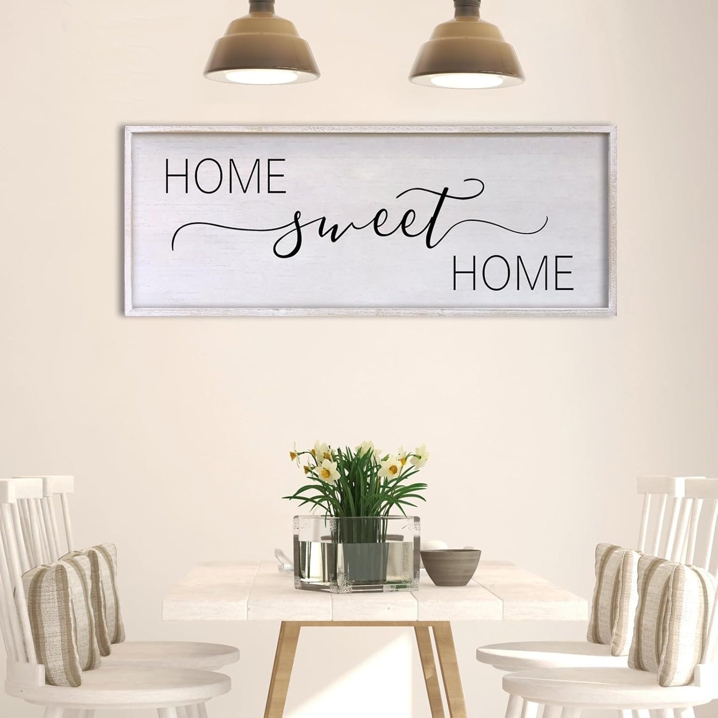 Home Sweet Home Sign Wall Decor 40"x15" Above Bed Living Room Large Wooden Framed Family Plaques Art (White)
