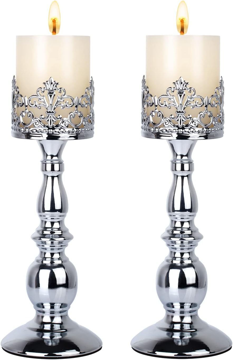 Candle Holders for Pillar Candles Gothic Matte Black Vintage Tall Candle Holders Set of 2 Decorative Large Table Centerpieces Candle Stand Decor (Silver 2PCS A)