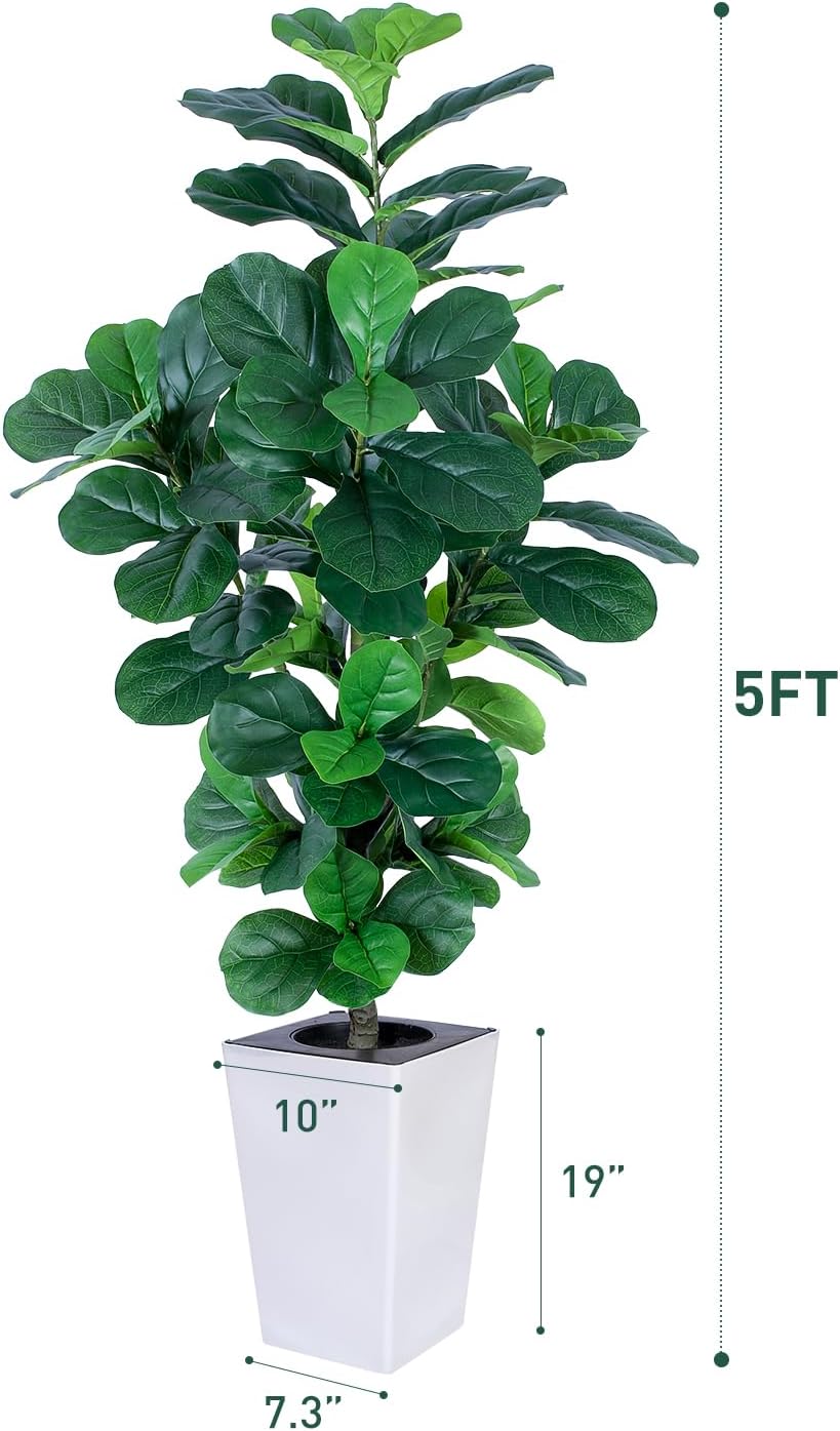 Fiddle Leaf Fig Tree, 5ft Tall Fake Silk Tree in White Planter, Faux Floor Plants with 108 Fiddle Leaves, Artificial Plants for Home Office Decor Indoor