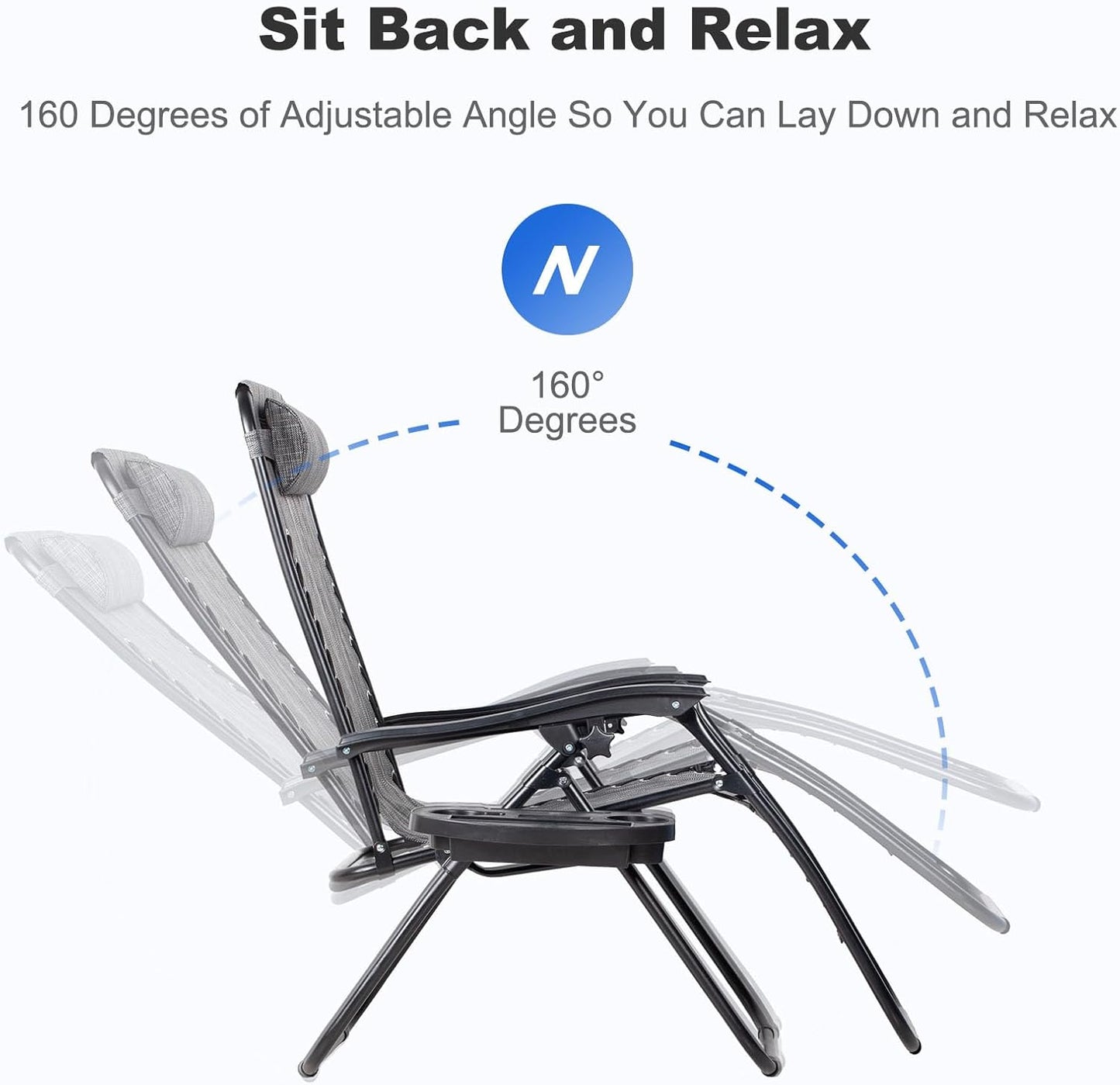 Nazhura Set of 2 Relaxing Recliners Patio Chairs Adjustable Steel Mesh Zero Gravity Lounge Chair Beach Chairs with Pillow and Cup Holder(Grey)