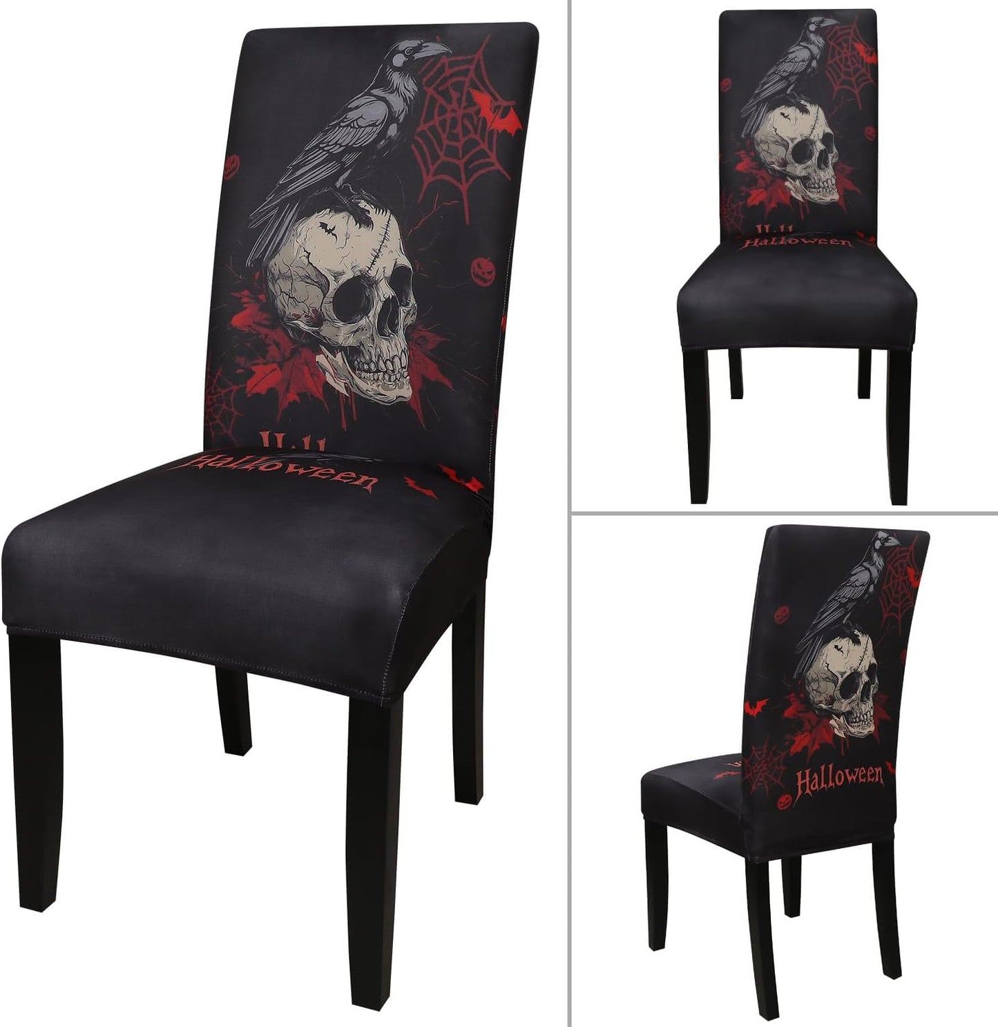 JQinHome Black Halloween Chair Slipcover,Skull Chair Covers Set of 4, High Stretch Washable Chair Protector Cover for Dining Room, Kitchen,Home Party,Wedding Ceremony(Skull Black,4PC)