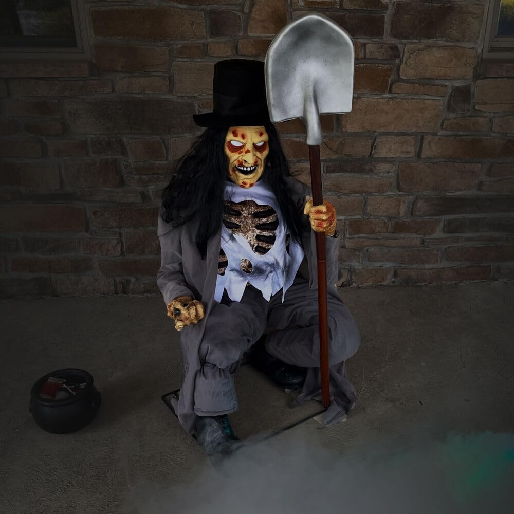 Haunted Hill Farm Motion-Activated Crouching Grave Digger by Tekky, Talking Halloween Animatronic for Indoor or Covered Outdoor Creepy Halloween Decorations, Plug-in or Battery Operated Fright Props