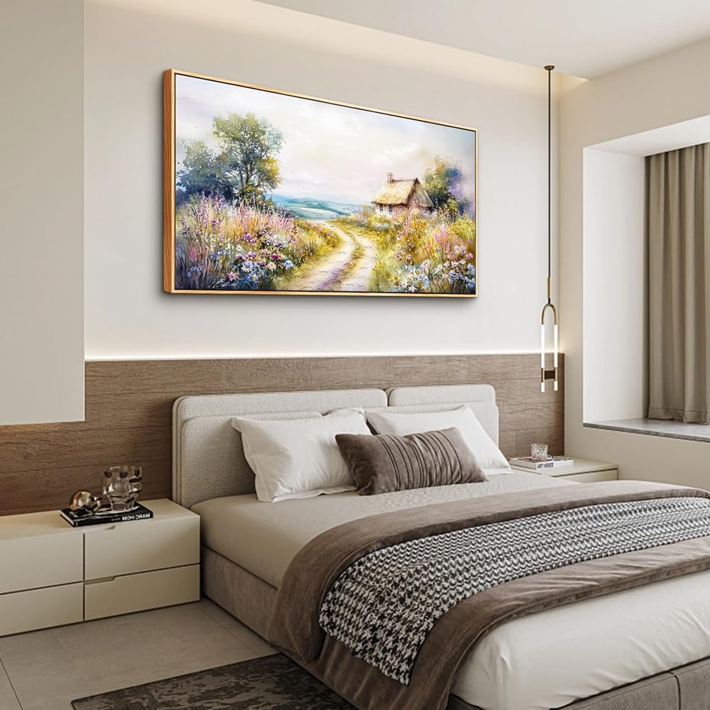 ZUITINGHUA Large Wood Framed Wall Decor For Living Room Canvas Wall Art For Office Modern Wall Decorations For Bedroom Country Road Landscape Painting Farmhouse Pictures Artwork Home Decor 24x48 In