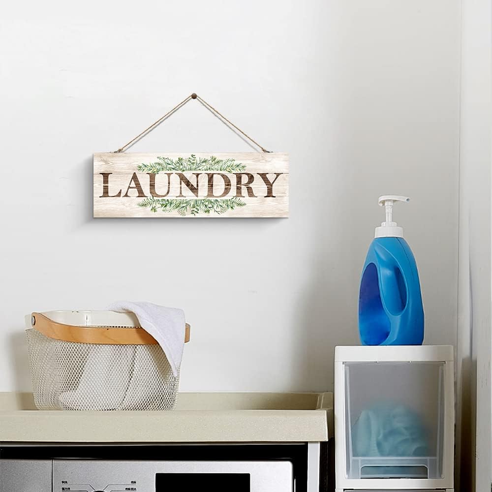 Laundry Sign Wall Decor, Kitchen Wall Art with Plant Print, Rustic Farmhouse Wall Hanging Plaque Home Kitchen Decorative (Laundry), 4.7 x 13.7 inches
