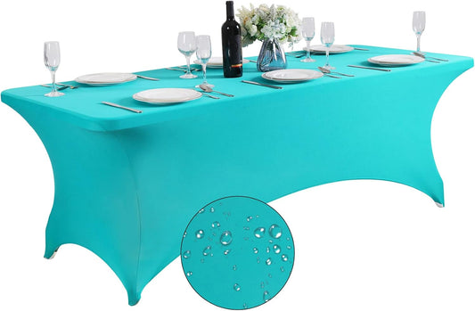 SuperO Waterproof Spandex Table Cover for 8FT Table Universal Fitted Stretch Tablecloth for Party, Banquet, Wedding and Events-Turquoise
