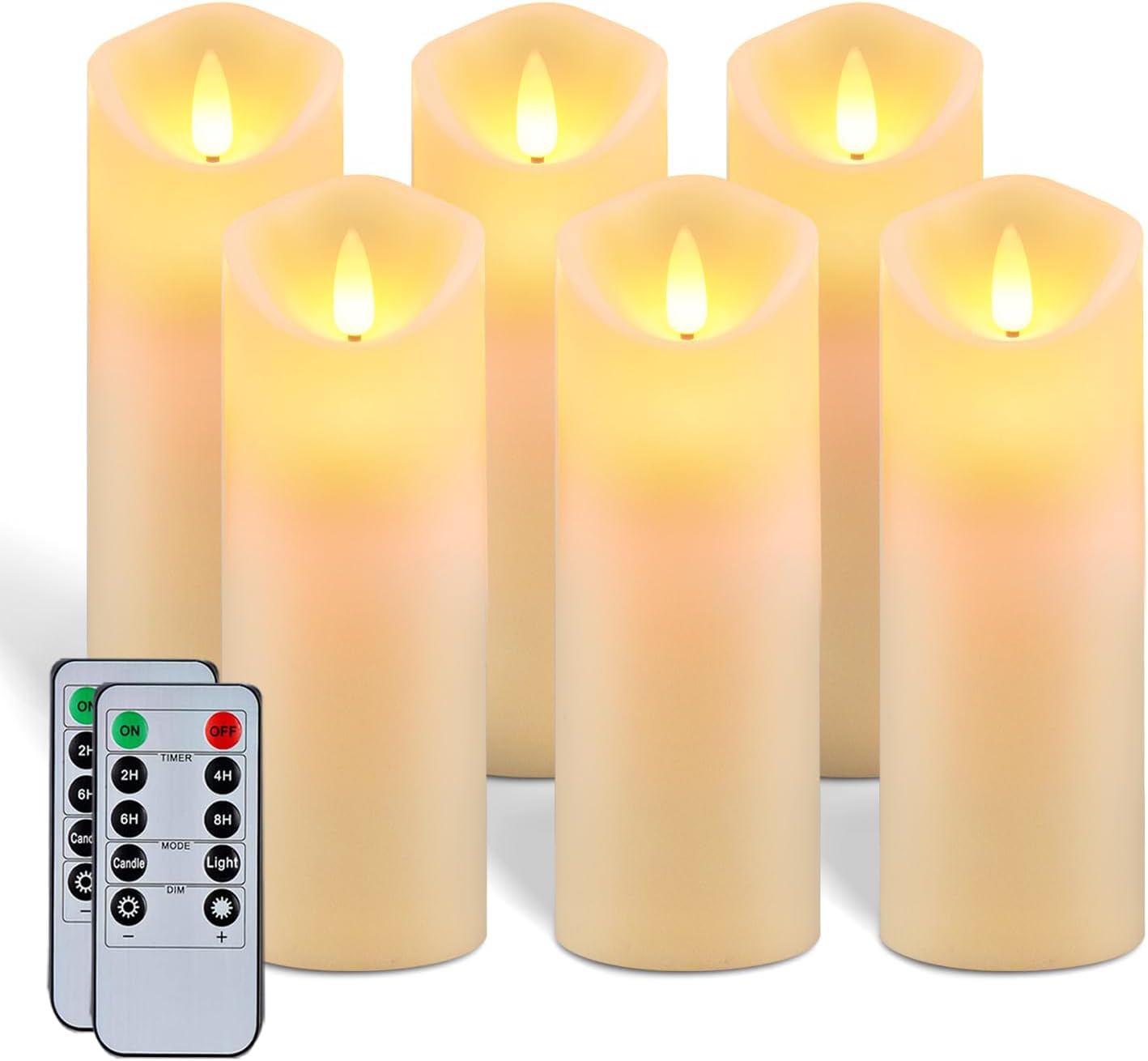5plots 7"x 2.2" Flickering Flameless Candles, Battery Operated LED Pillar Candles with Timers and Remote Control, Made of Wax-Like Frosted Plastic, Won’t Melt, Ivory, Skinny, Set of 6
