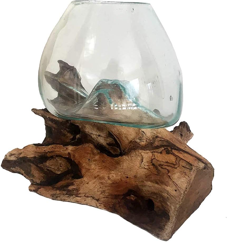 Hand Blown Molten Glass & Teak Wood Terrarium/Vase/Fish Bowl - Premium Quality (7" - 9" High)
