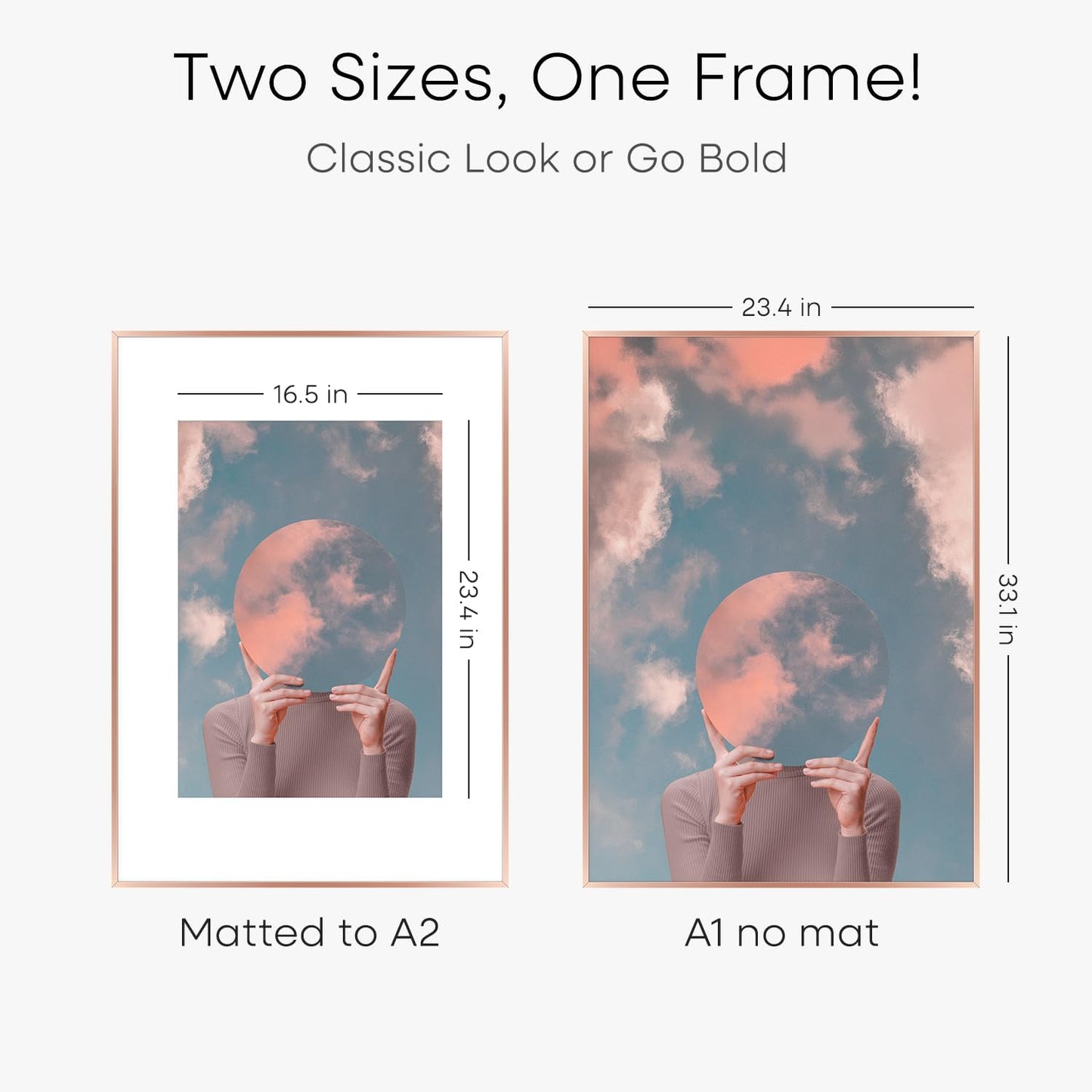 Homeforia A1 Poster Frame Rose Gold, High End Metal A1 Large Picture Frames with Mat A2 Photo, 23.4 x 33.1 Frames Matted to 16.5 x 23.4 Print, 23.4x33.1 Thin Frames, Tempered Glass, Wall Kit, Set of 1