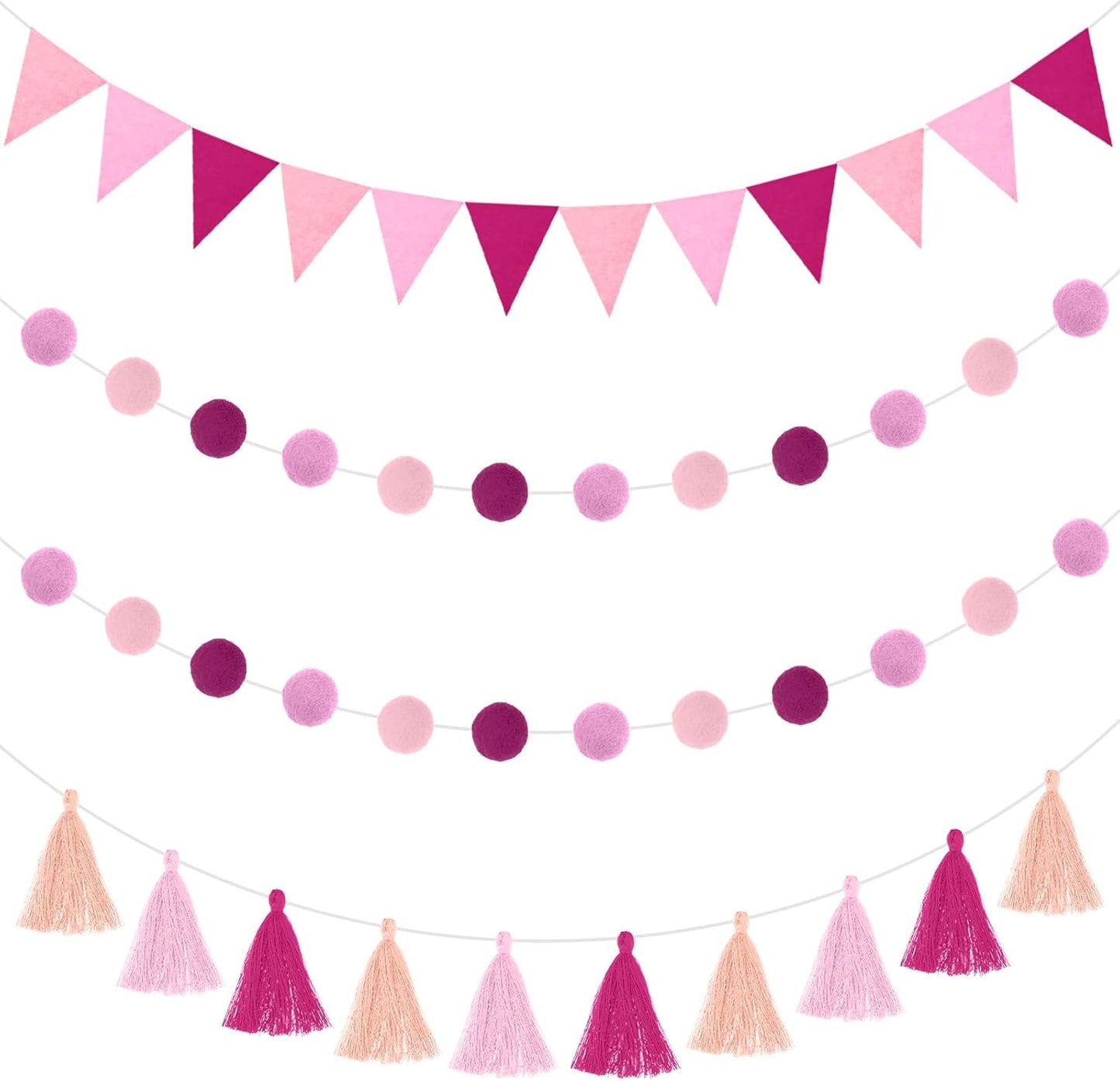 Irenare 9.8 ft Pom Pom Garland Felt Colorful Tassel Banner Christmas Party Pompoms Garland Decorations Felt Pennant Banner for Classroom Home Mantel Fireplace Birthday(Pink)