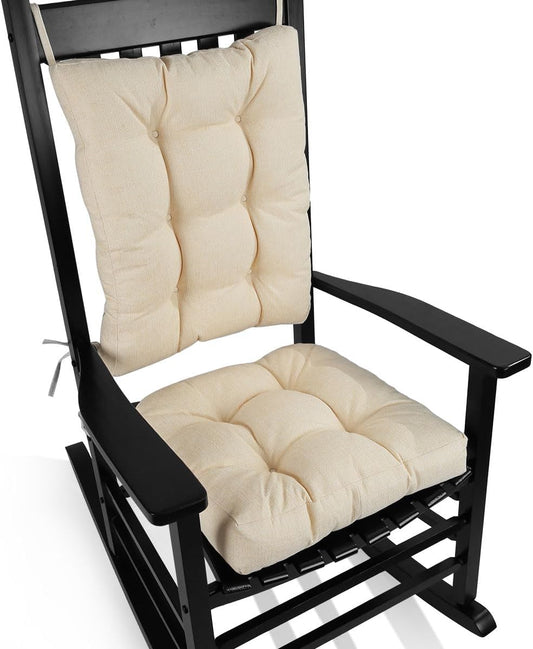 BUYUE Chair Cushion Set for Rocking Chair, Back Pillow & Seat Cushion with Ties, Original Woven Fabric Non-Slip Chair Pads for Elderly Sitting, Beige