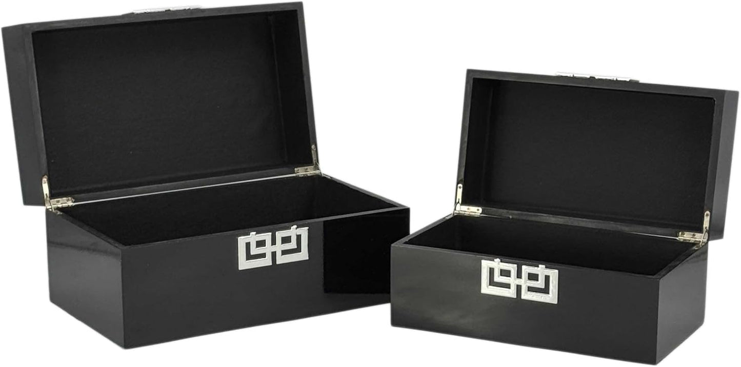 Galt International Storage Box Set Decorative Storage Box w/Hinged Lid Classic Design Wood Decor Boxes with Geometric Clasp Storage for Bedroom & Home - Set of 2 (Black & Silver)