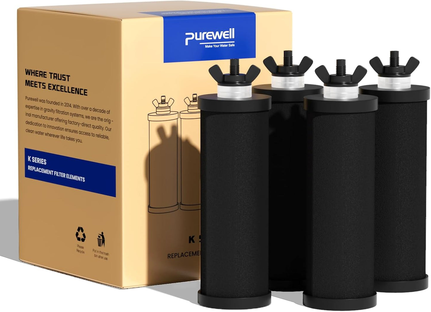 Purewell PF-3 Black 3-Stage Composite Purification Elements, Replacement Filters for ProOne® and Berkey® Filters, ProOne® or Berkey® Big+ Water Filter System and Purewell System (4 Pack, K Series)