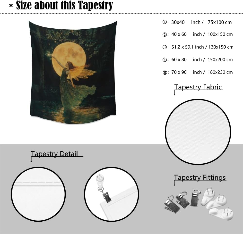 Whimsical Fairy Tapestry Fantasy Moonlight Fae Goddess Print Moody Gothic Aesthetic Wall Hanging Magical Forest Pictures Dark Cottage Witchy Tapestries for Girls Room Bedroom 40x60inch