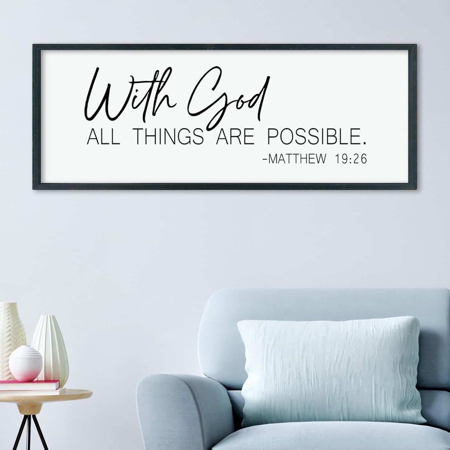 LuZhiQiang With God All Things Are Possible Wall Decor 40"×15" Matthew 19:26 sign Bible Verse Scripture for Living Room Large Wood Framed Wall Hanging Art (Black)