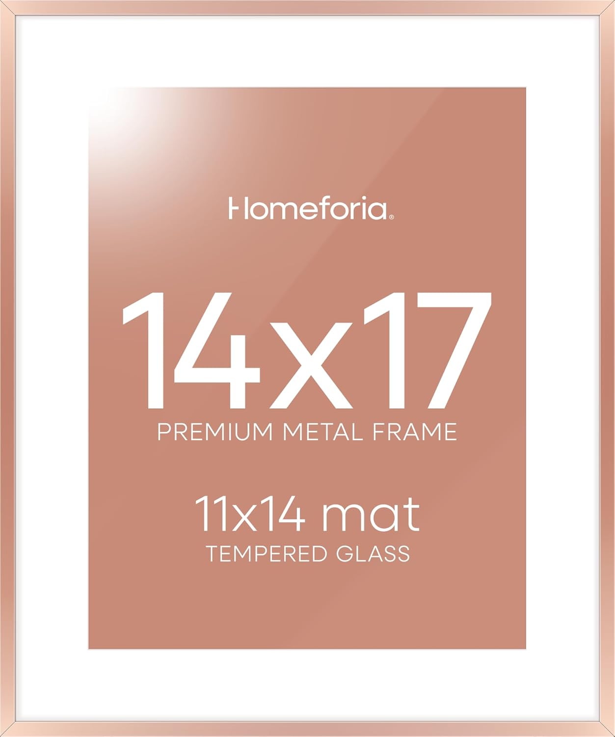 Homeforia 14x17 Picture Frame Rose Gold, High End Metal 14x17 Poster Frames with Mat 11x14 inch Photo, 14 x 17 Rose Gold Frame Matted to 11 by 14 Print, 17x14 Frame, Tempered Glass, Wall Kit, Set of 1