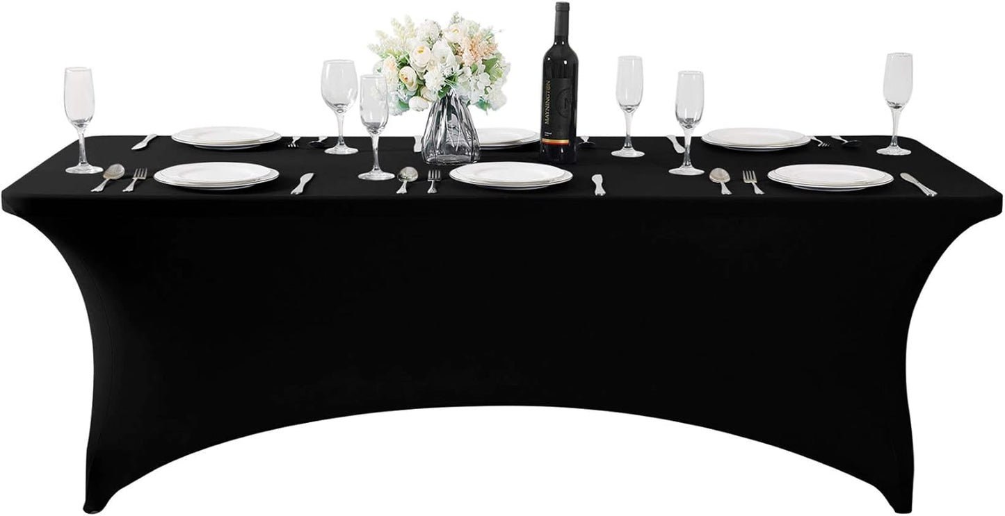 SuperO 2Pack Waterproof Spandex Table Cover for 8FT Table Universal Fitted Stretch Tablecloth for Party, Banquet, Wedding and Events-Black