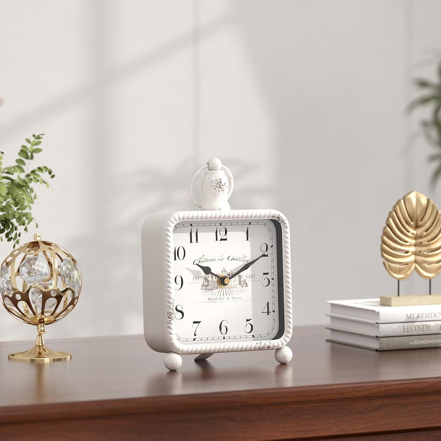 Vintage White Table Clock on Stand, Desk and Shelf Decor Clock, French Rustic Style Non-Ticking Mantel Clocks for Farmhouse, Living Room, Bedroom, Bedside, Gift (8.5" H x 5.5" W)