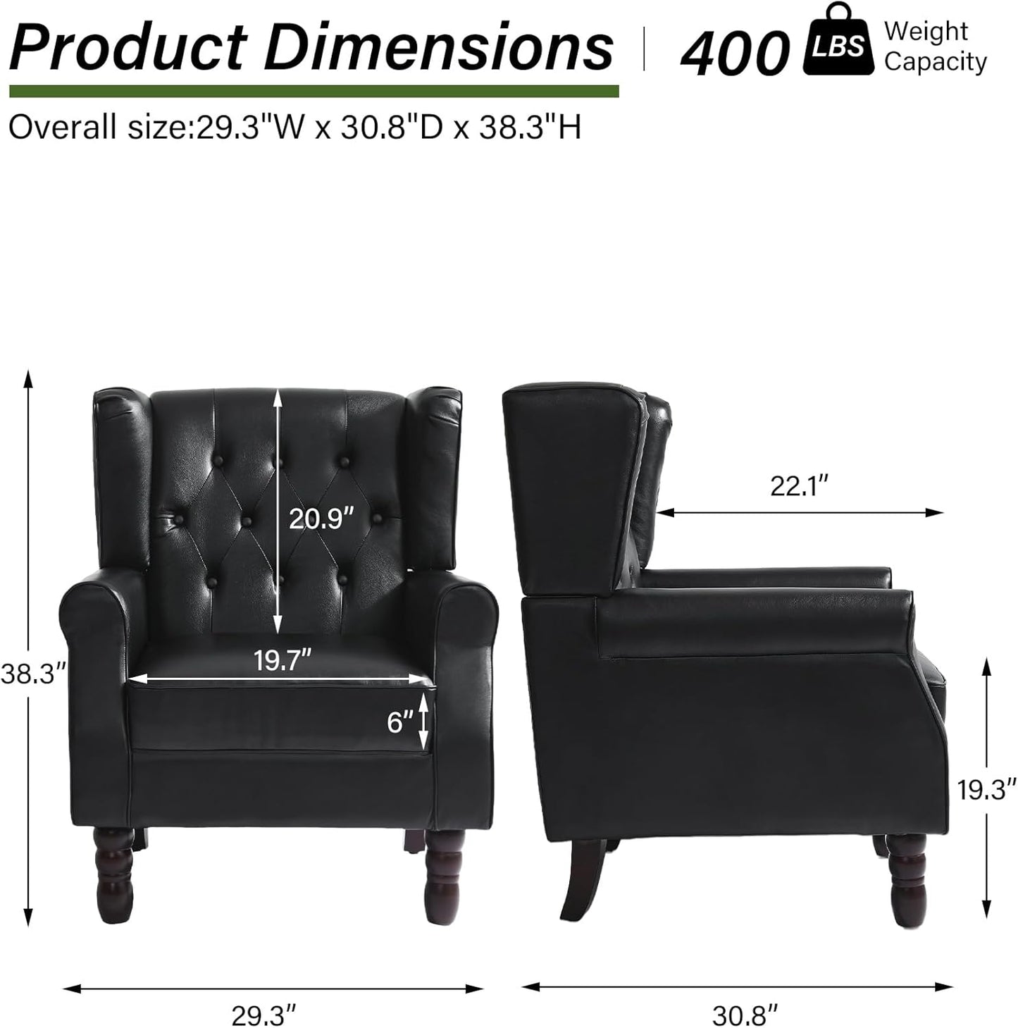 Accent Chair, Upholstered Armchair with Button Tufted High Back & Solid Wood Legs, Comfy Wingback Reading Single Sofa Chair for Small Spaces, Living Room, Bedroom (Leather Black, Set of 2)