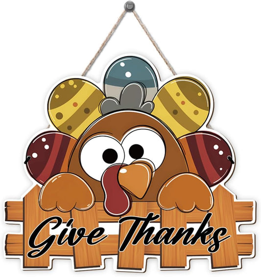 Give Thanks Sign Turkey Front Door Decor Thanksgiving Day Wood Door Hanger, Fall Wooden Thankful Wreath Hanging Decoration for Outdoor Outside Porch, Housewarming Gift