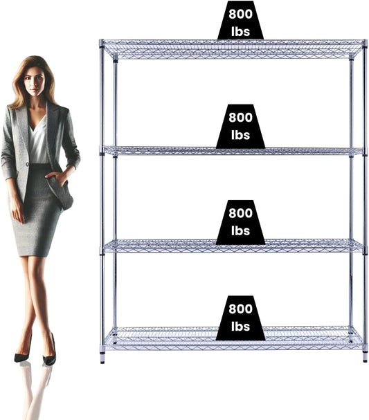 60"x18"x72" Chrome Premium Metal Steel Wire Shelving 4-Tier NSF 3200 LBS MAX Capacity Heavy Duty Storage Rack for Garages, Commercial Spaces, Hospitals, & Schools w/Premium Wheels