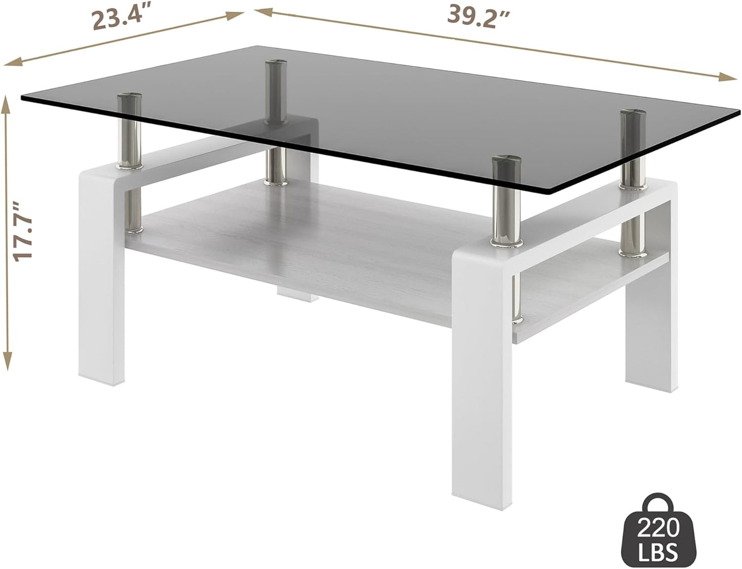 Glass Coffee Table Rectangle Living Room Center Table, with Gray Tempered Glass Tabletop and White MDF Layer,for Living Room and Office, Gray+White