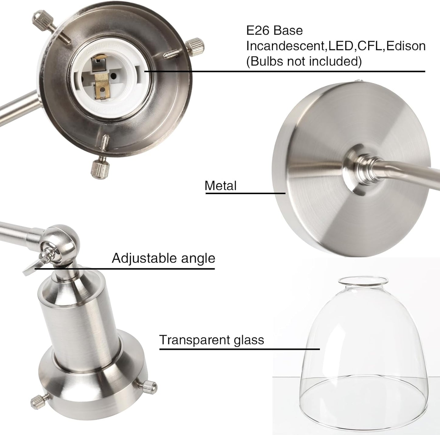 PERMO Industrial Vintage Slope Pole Wall Mount Single Sconce with 6.7" Oval Dome Clear Glass Shade Wall Sconce Light Lamp Fixture (Brushed Nickel)