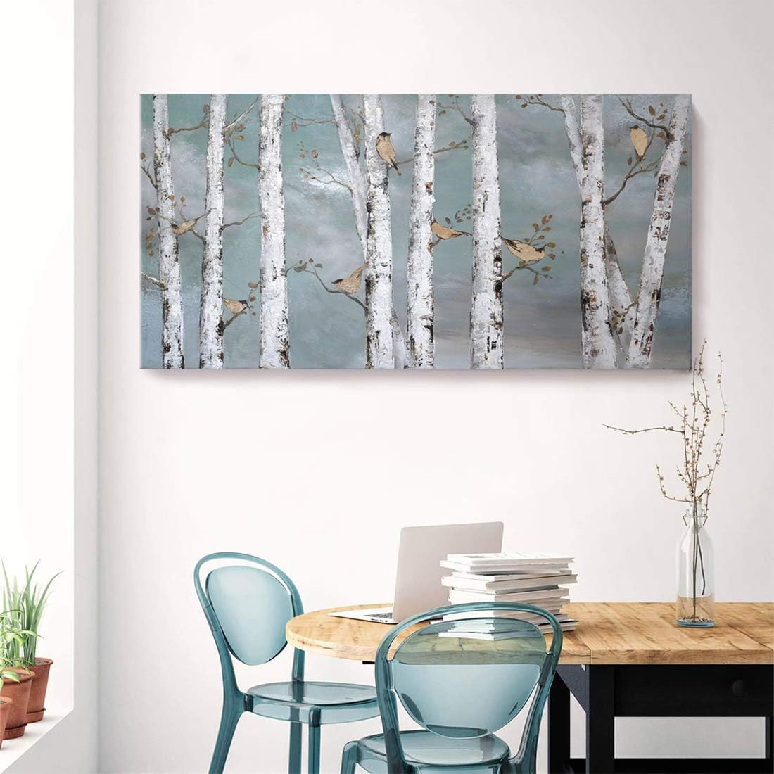 amatop Large Tree Wall Art Hand-Painted Landscape Forest Oil Painting Gallery Wrapped Framed Canvas Gold Bird Artwork 'White Birch at Night' for Living Room Bedroom Office Decor Teal White 48"x24"