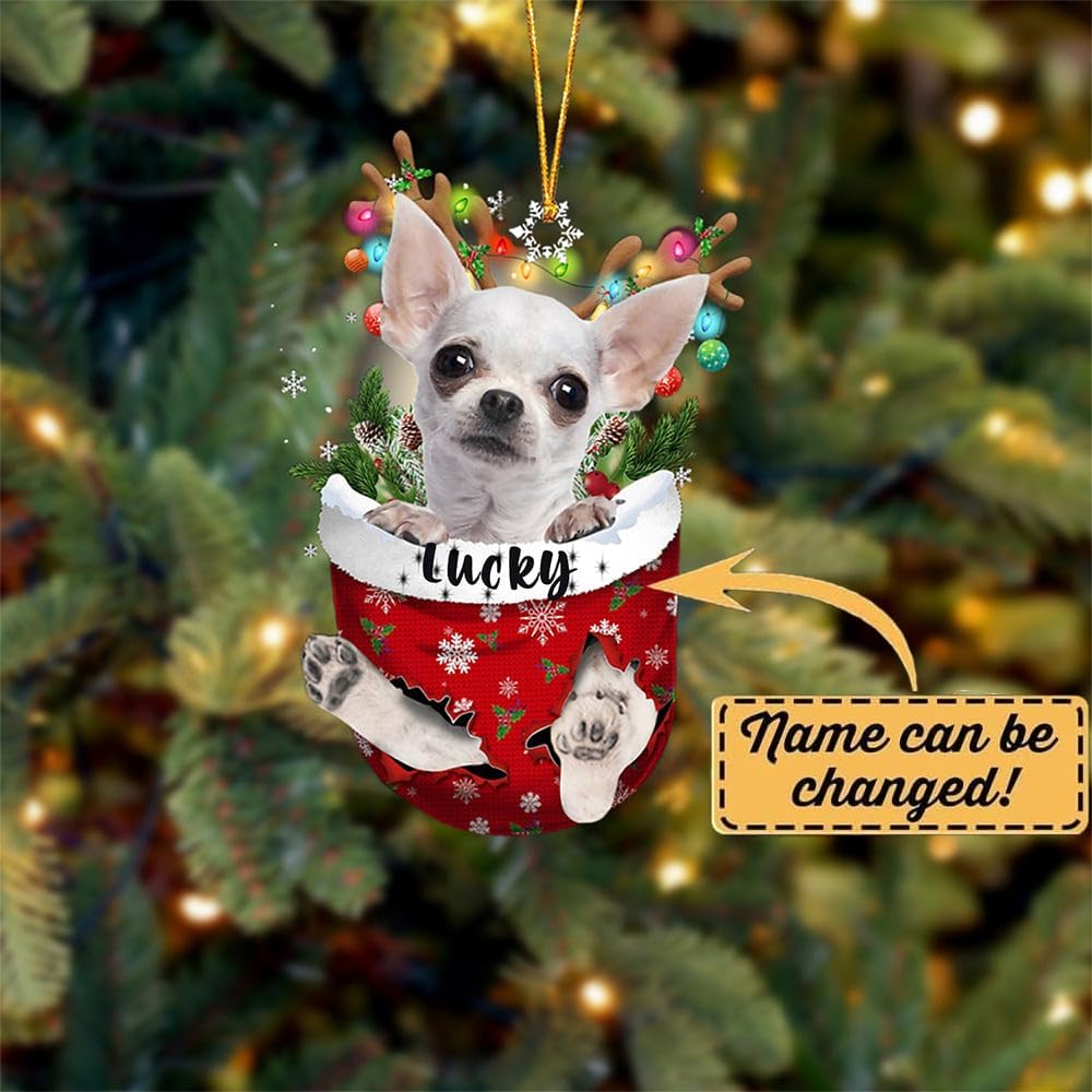 White Chihuahua Dog Christmas Ornament, White Chihuahua in Snow Pocket Christmas Tree Ornament, Dog Lovers Gift Idea Xmas Decor, Christmas Decorations for Tree, Christmas Ornament Gift for Dog Lovers