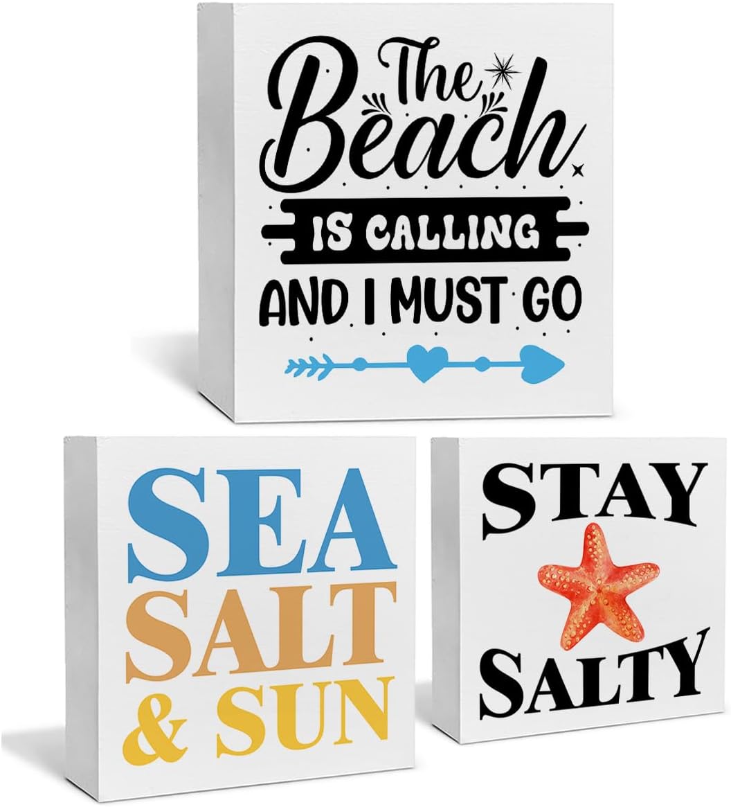 Summer Beach Decor for Home Farmhouse Tiered Tray Decor Beach House 3 Pcs Decorative Wood Box Signs Table Desk Shelf Decoration
