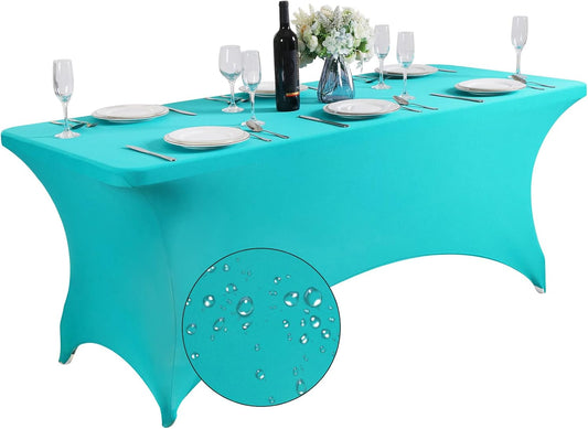 SuperO Waterproof Spandex Table Cover for 6FT Table Universal Fitted Stretch Tablecloth for Party, Banquet, Wedding and Events-Turquoise