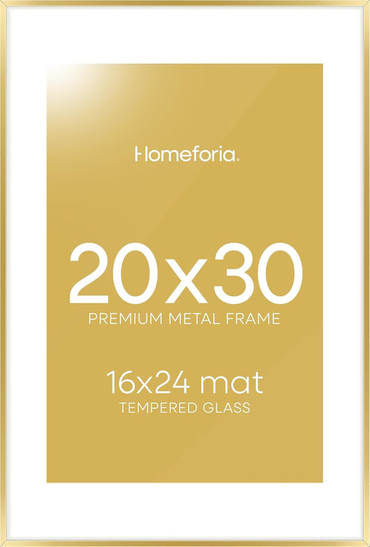Homeforia 20x30 Poster Frame Gold, High End Metal 20 x 30 Picture Frames with Mat 16 by 24 Photo, 20x30 Gold Frame Matted to 16x24 Print, 30x20 Large Hanging Frames, Tempered Glass, Wall Kit, Set of 1