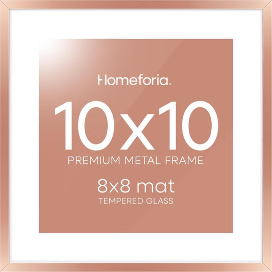 Homeforia 10x10 Picture Frame Rose Gold, High End Metal 10 by 10 Square Frames with Mat 8 x 8 Photo, 10by10 Poster Frame Matted to 8x8 Print, Wall or Tabletop Frame, Tempered Glass, Wall Kit, Set of 1