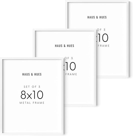 HAUS AND HUES 8 By 10 Picture Frames - 8x10 Picture Frame Set of 3, Frame For Three 8x10 Frames White Frames Gallery Wall, 8 x 10 Frames White, 3 Photo Picture Frame Metallic, (White Aluminum Frames)
