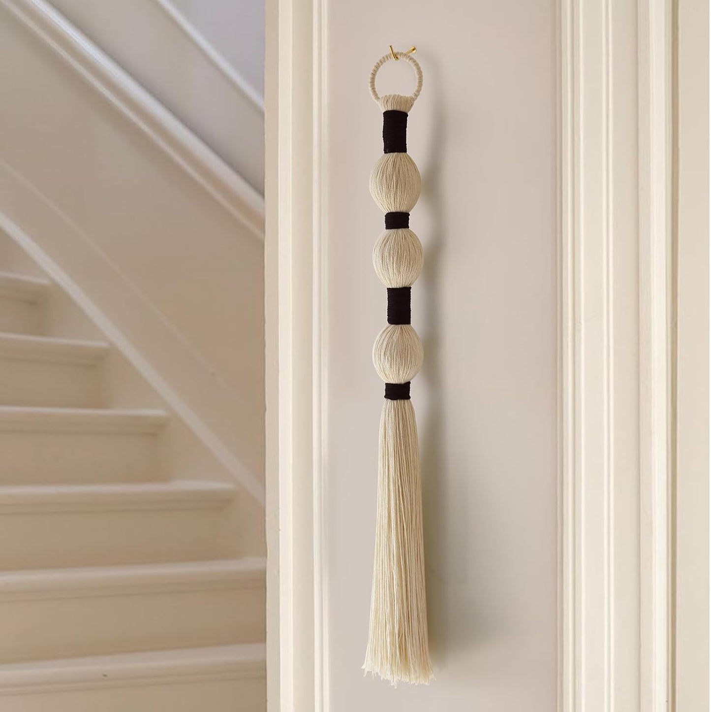 Macrame Wall Hanging Boho Wall Decor Small Sphericity Cotton Textile Tassel Hanging Fiber Yarn Art for Living Room Bedroom 27'' L x 2.3'' W