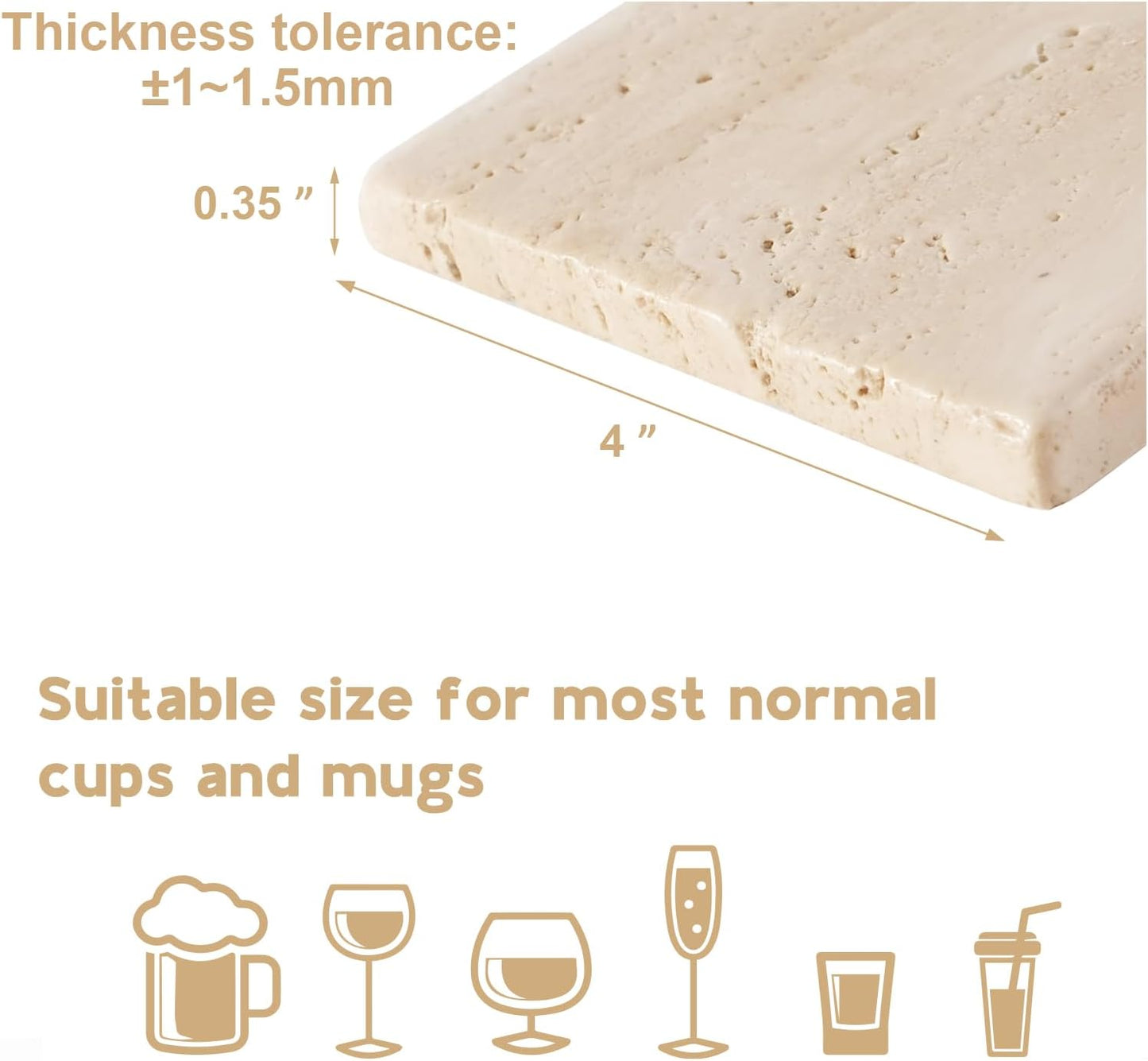 BCS Square Marble Coasters Set of 6 with Holder - Premium Travertine Drink Coasters for Coffee Table, Durable Cup Mats for Wine, Beer, Cocktails - Elegant Home & Bar Decor