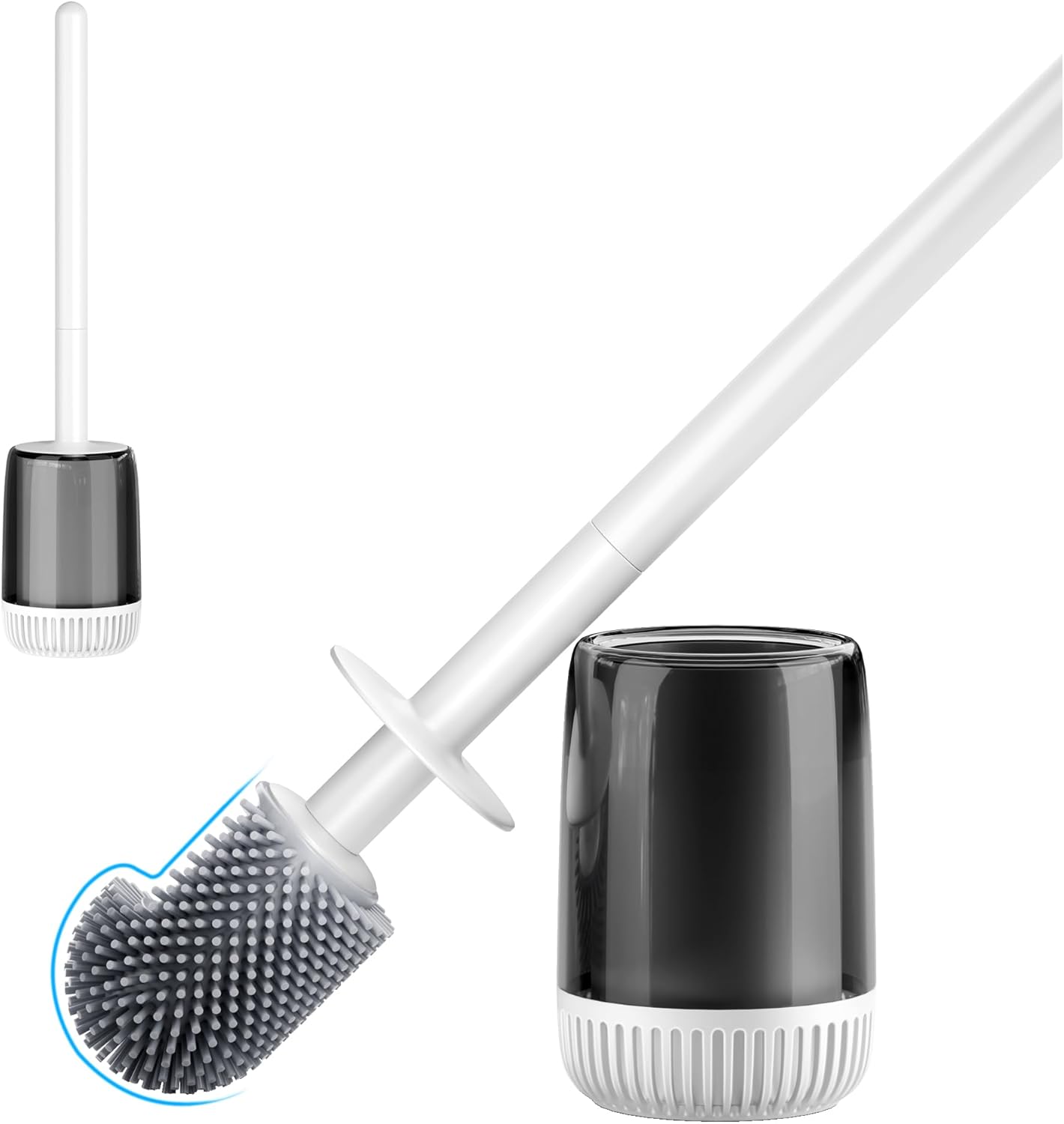 Silicone Toilet Brush and Holder Set with L-Shaped Brush Head, Wall Mounted Toilet Brush Set with Long Non-Slip Handles, Compact Toilet Bowl Cleaner Brush Suitable for RV Trailers & Bathroom (1 Pack)