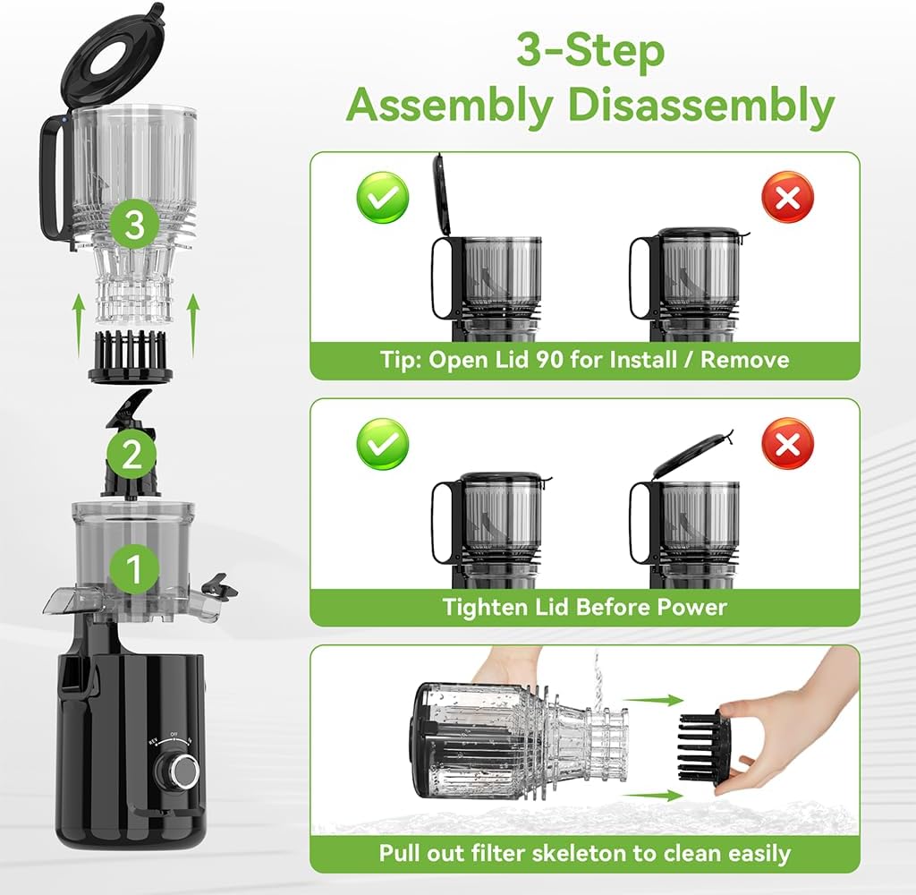 Cold Press Juicer - 5.3" Large Feed Chute Juicer Machines for Whole Vegetables & Fruits, 99% High Juice Yield, Quiet & Easy to Clean Slow Masticating Juicer, BPA-Free, Preserves More Nutrients (Black)