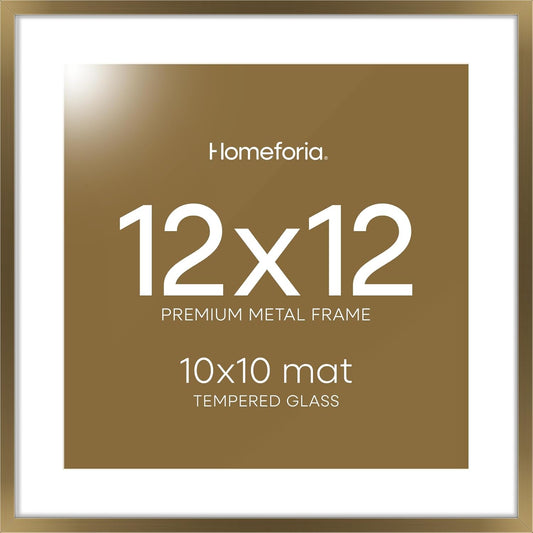Homeforia 12x12 Picture Frame Bronze, High End Metal 12 x 12 Square Poster Frame with Mat 10 x 10 Photo, 12x12 Brass Frame Matted to 10x10 Print, 12by12 Thin Frames, Tempered Glass, Wall Kit, Set of 1