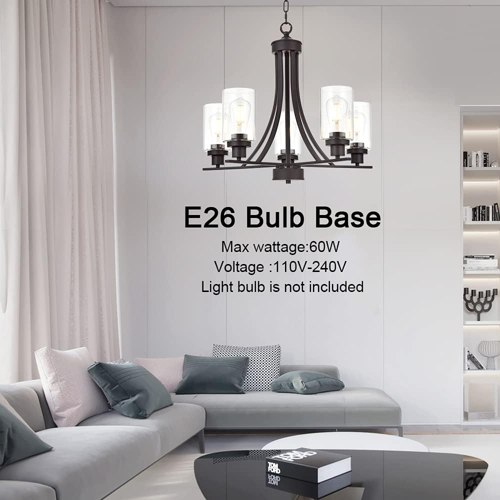 BONLICHT Rustic Kitchen Island 5-Light Oil-Rubbed Bronze Traditional Chandelier Industrial Vintage Pendant Lights Classic Glass Ceiling Lighting UL Listed