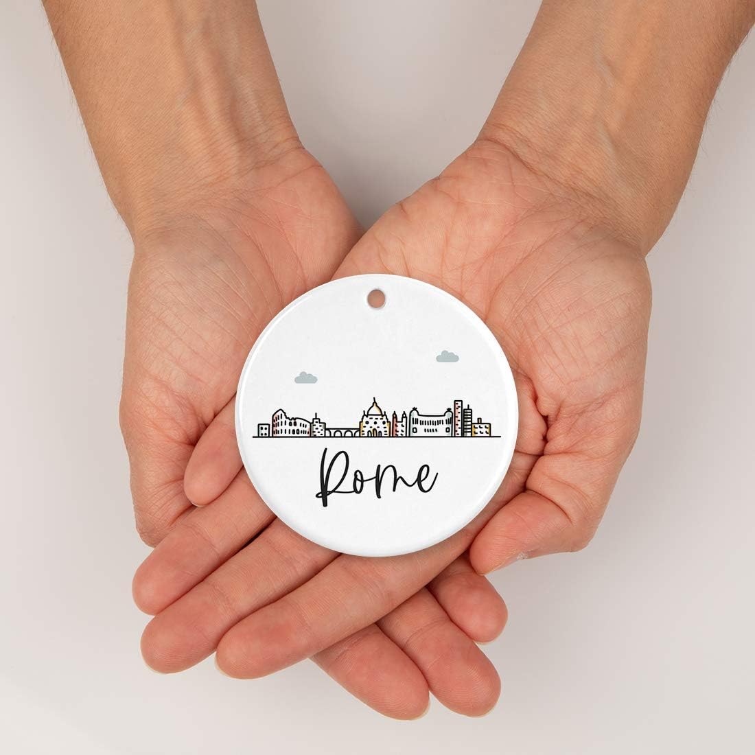 Andaz Press Round Ceramic Porcelain Christmas Tree Ornament Keepsake Gift, Rome, Colorful International City Skyline Graphic, 1-Pack, Birthday Ideas Family Coworker Him Her, Gift Box