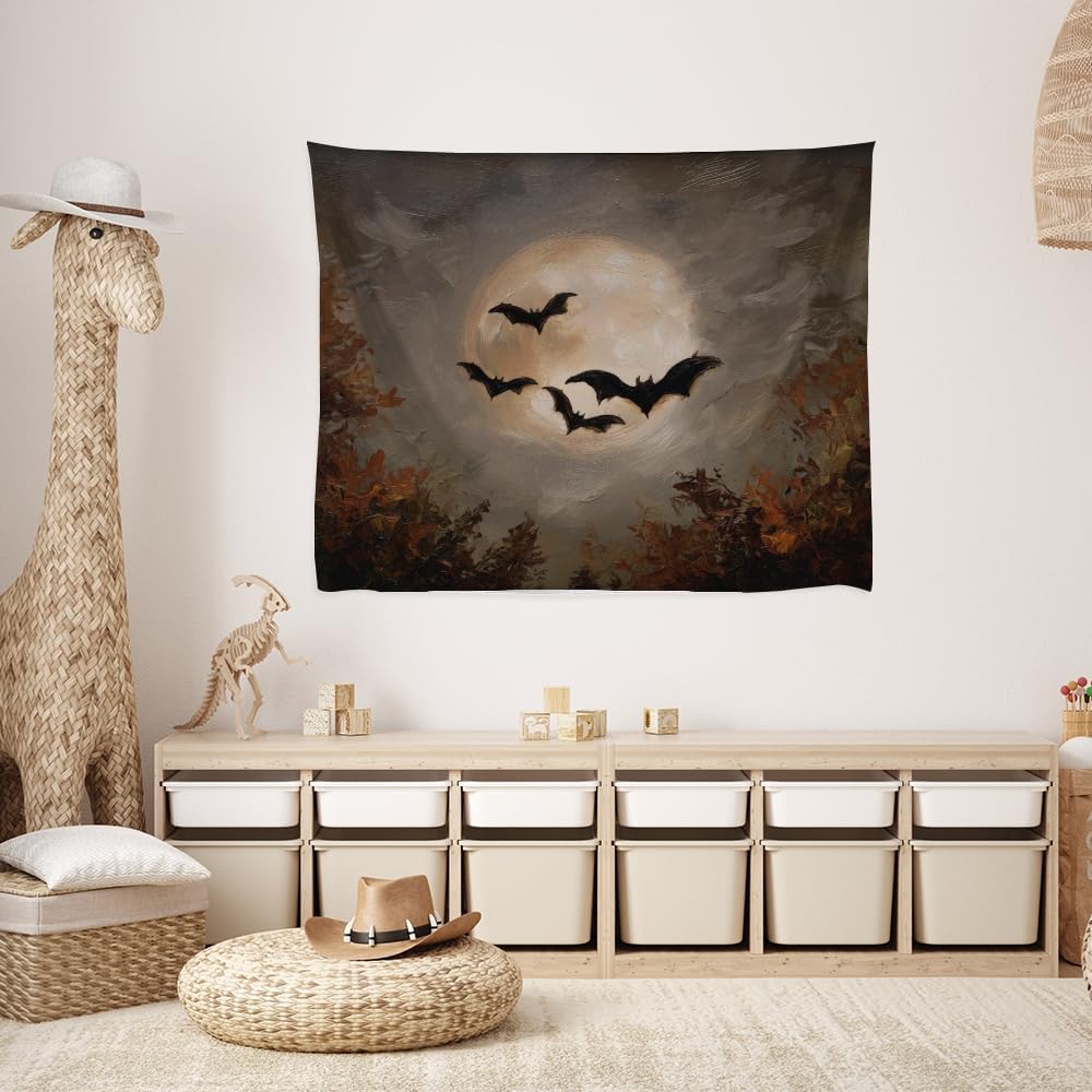 Spooky Halloween Bats Dark Academia Full Moon Autumn Leaves Wall Hanging Vintage Haunted Home Artwork Gothic Witchy Ghost Tapestries for bedroom Living Room Decor 60x80inch
