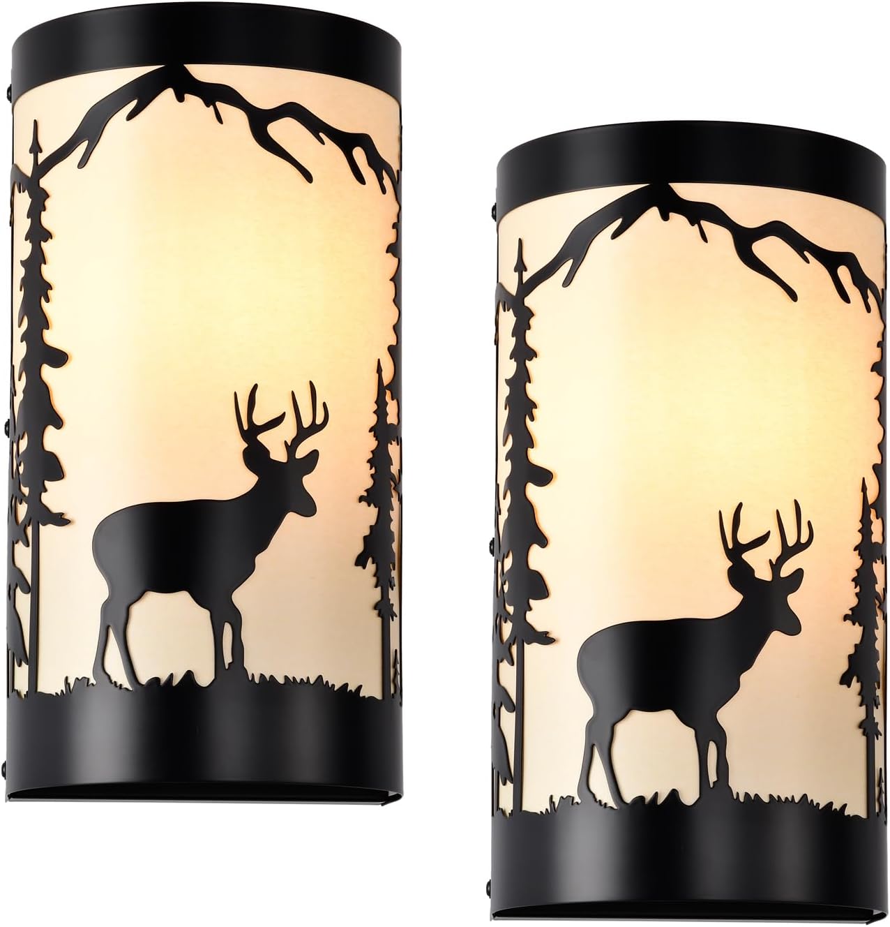 Wall Sconces Set of Two,Deer Cream White Parchment Rustic Wall Sconces,Farmhouse Black Sconce Light,Industrial Metal Indoor Wall Light Fixtures,Wall Lamps for Bedroom,Living Room,Hallway